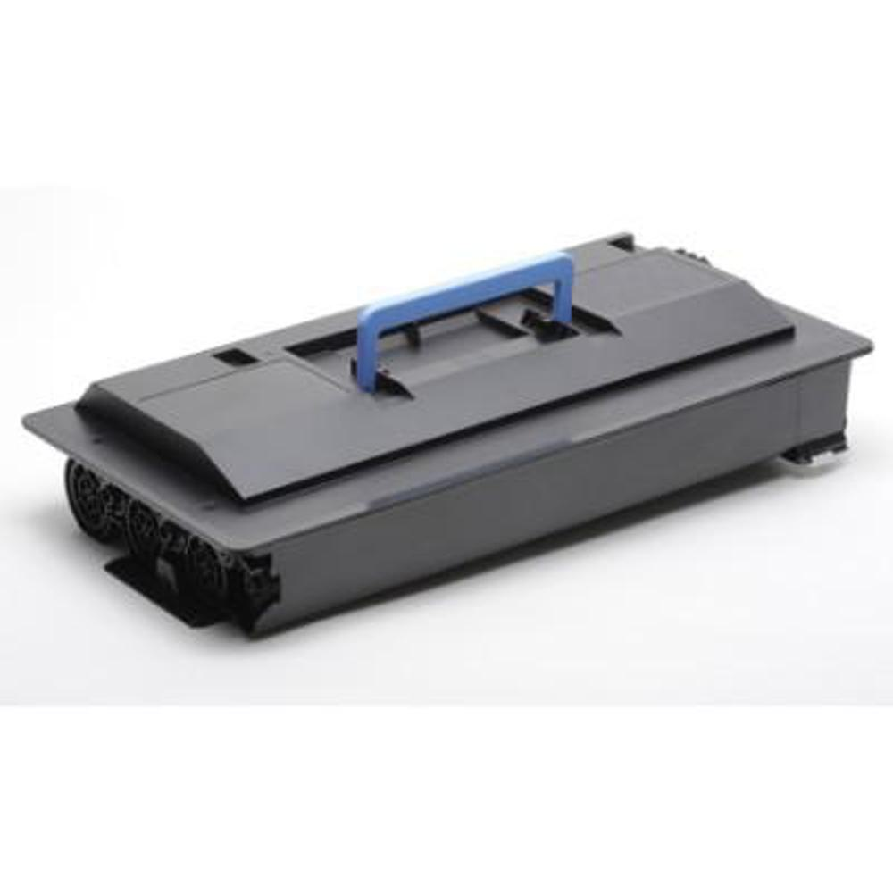 Una cartuccia toner nera con maniglia blu su sfondo bianco.