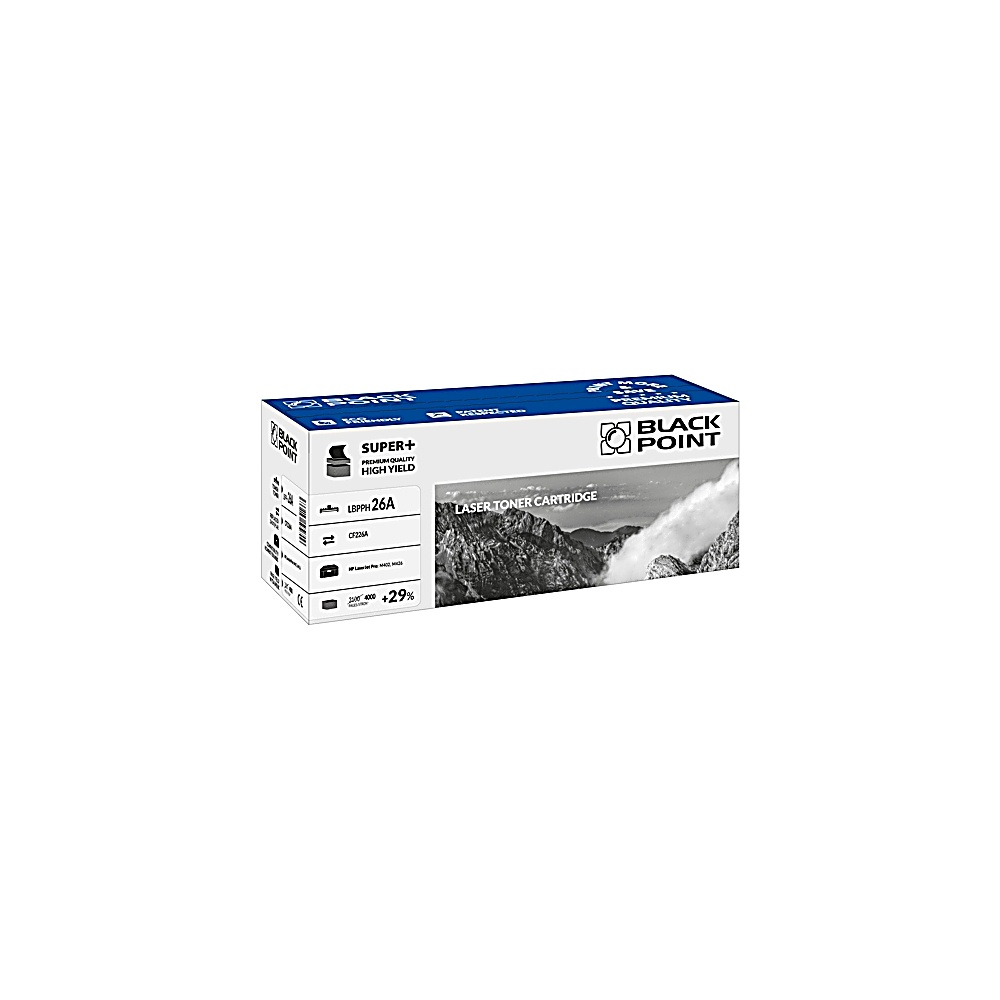 Pudełko z tonerem laserowym 'BLACK POINT'. Zawiera szczegóły produktu, w tym 'LBPPH 26A' oraz obraz górskiego krajobrazu.