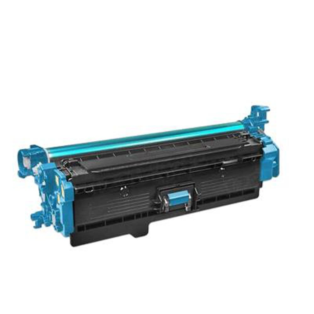Una cartuccia toner per stampante. È nera con accenti turchese. È su sfondo bianco.