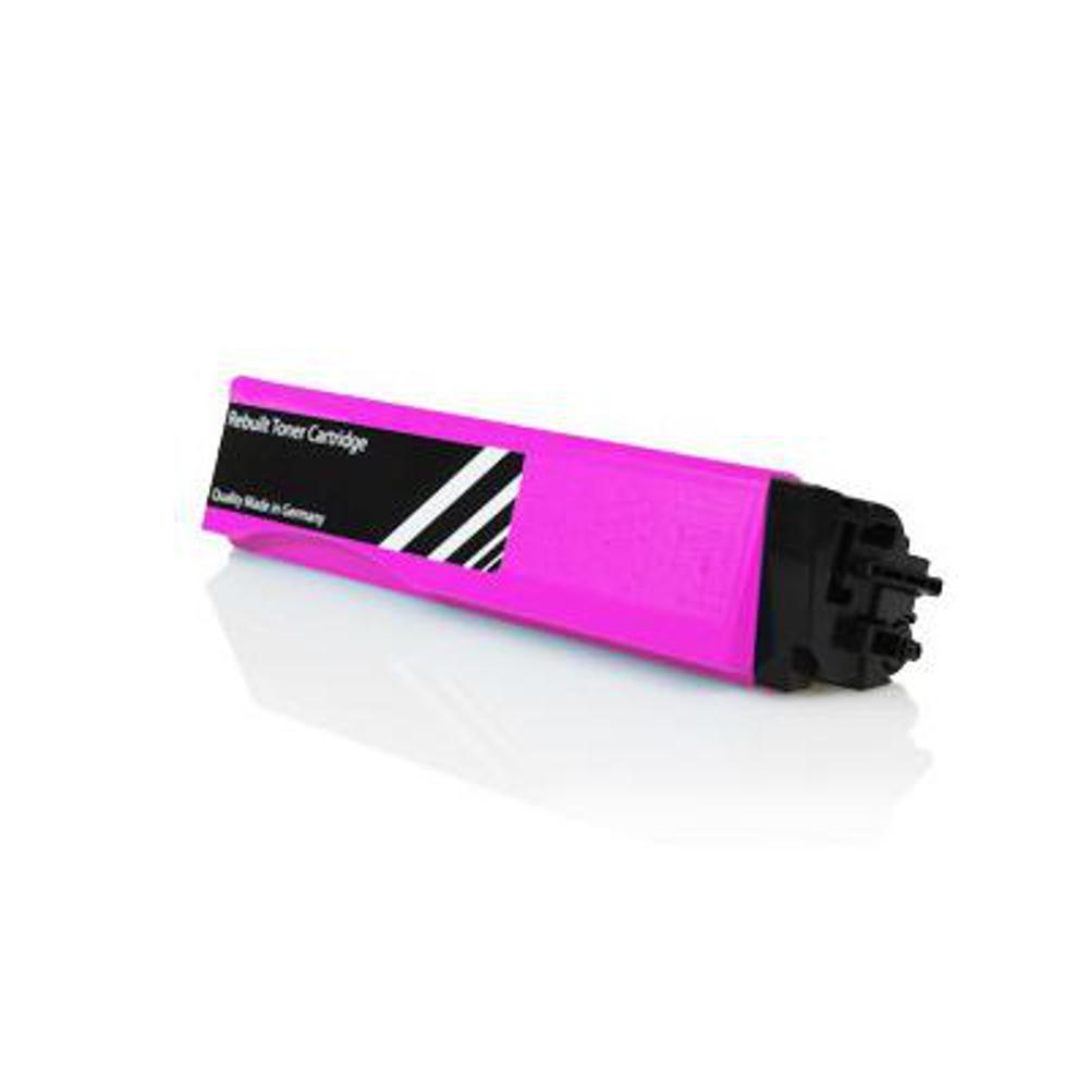 Una cartuccia toner rosa rigenerata con estremità nere, un'etichetta in bianco e nero e una superficie bianca lucida.