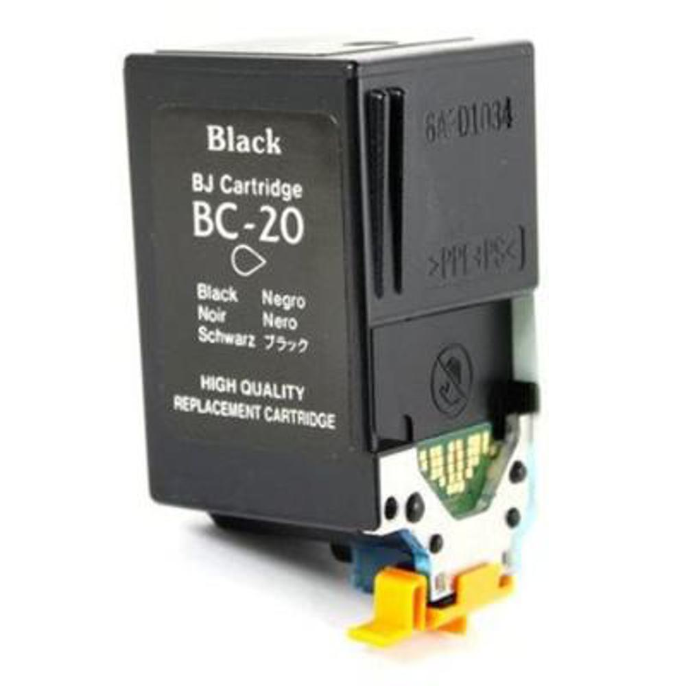 Cartuccia d'inchiostro nera con la scritta 'Black BJ Cartridge BC-20'. Ha una clip gialla e un circuito stampato verde.