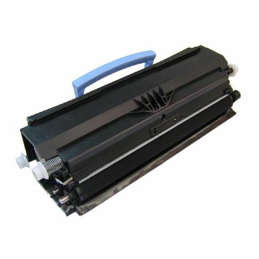 Una cartuccia toner nera per stampante con maniglia azzurra. La cartuccia ha parti bianche e argentate e poggia su sfondo bianco.