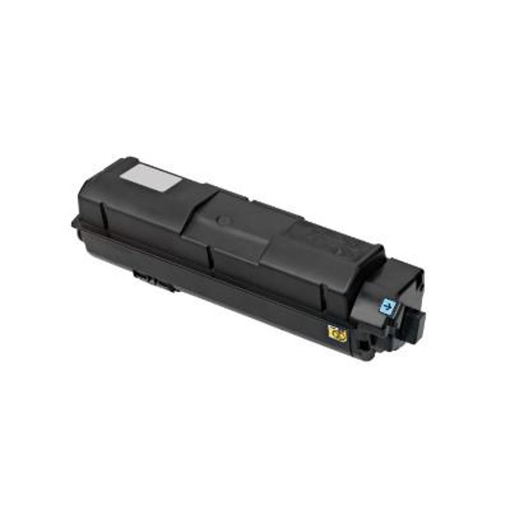 Una cartuccia di toner nera su sfondo bianco. Ha forma rettangolare con etichette e una freccia blu su un'estremità.