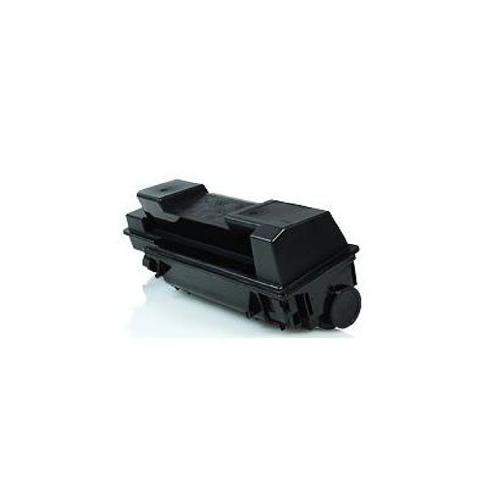 Una cartuccia toner nera per stampante su una superficie bianca. Ha una forma rettangolare con varie parti sporgenti.