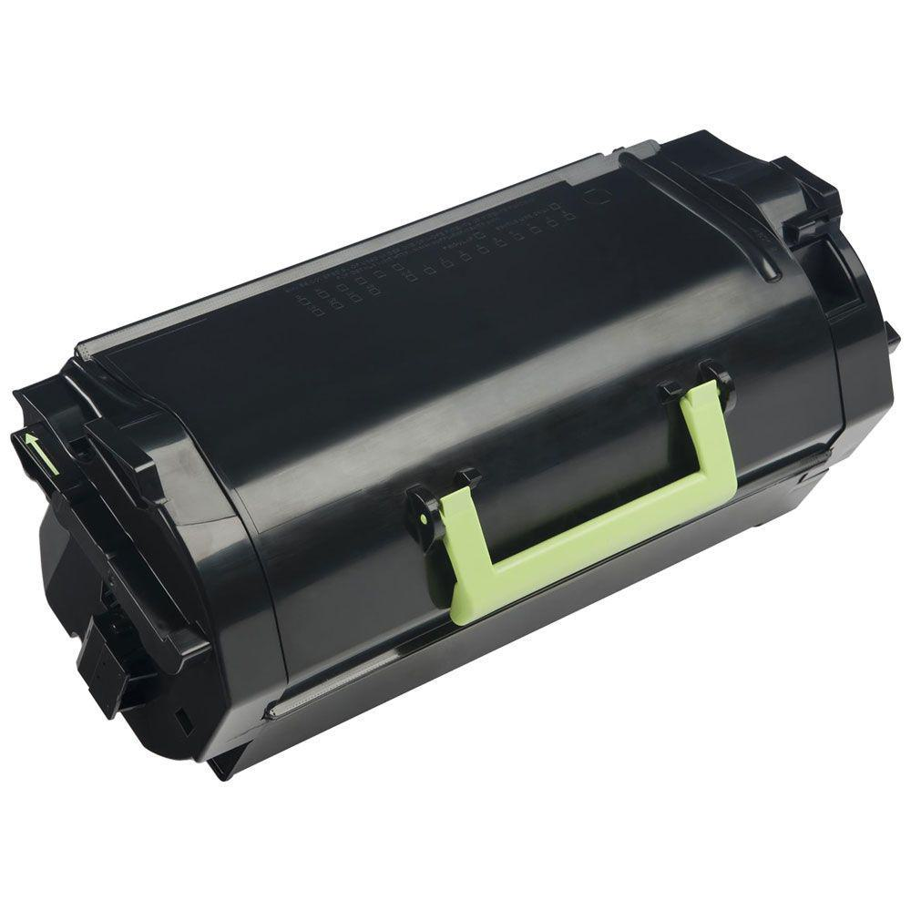 Una cartuccia di toner per stampante nera con maniglia verde chiaro è mostrata su sfondo bianco.