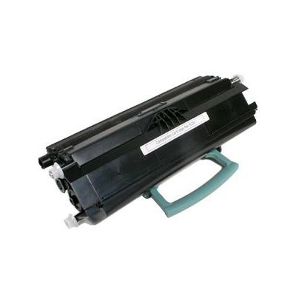 Una cartuccia toner nera con maniglia verde ed etichetta bianca è mostrata su sfondo bianco.