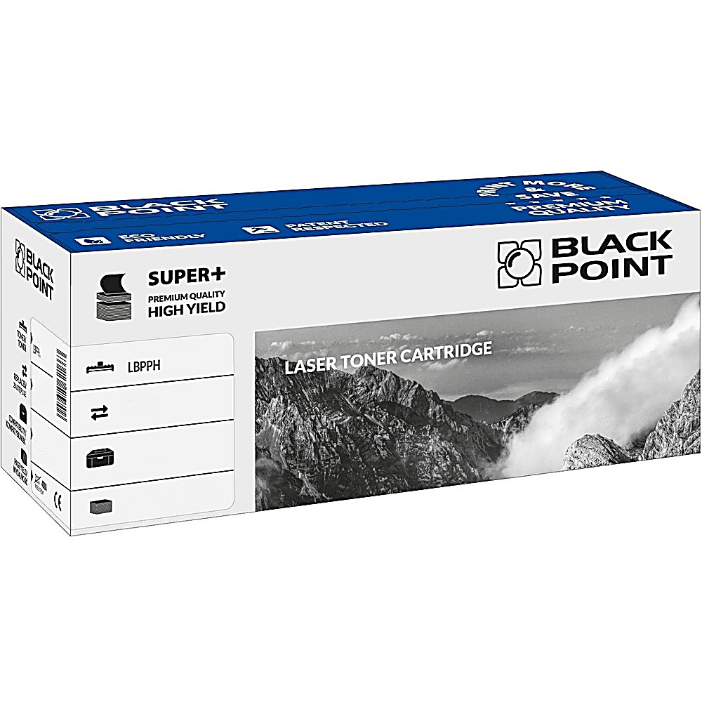 Een Black Point laser tonercartridge doos. Het heeft tekst en logo's, met een bergketen afbeelding op de voorkant.