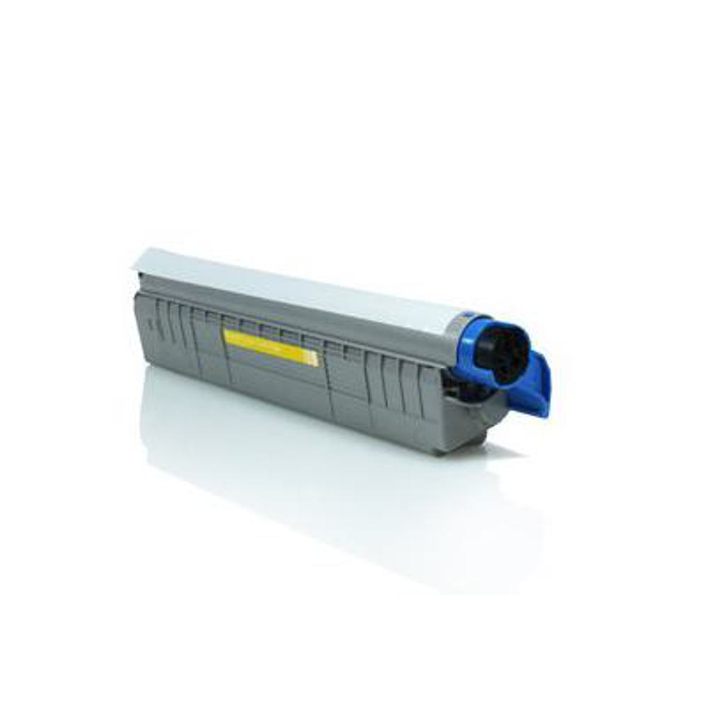 Una cartuccia toner grigia e blu, con etichetta gialla, isolata su sfondo bianco, proietta un'ombra.