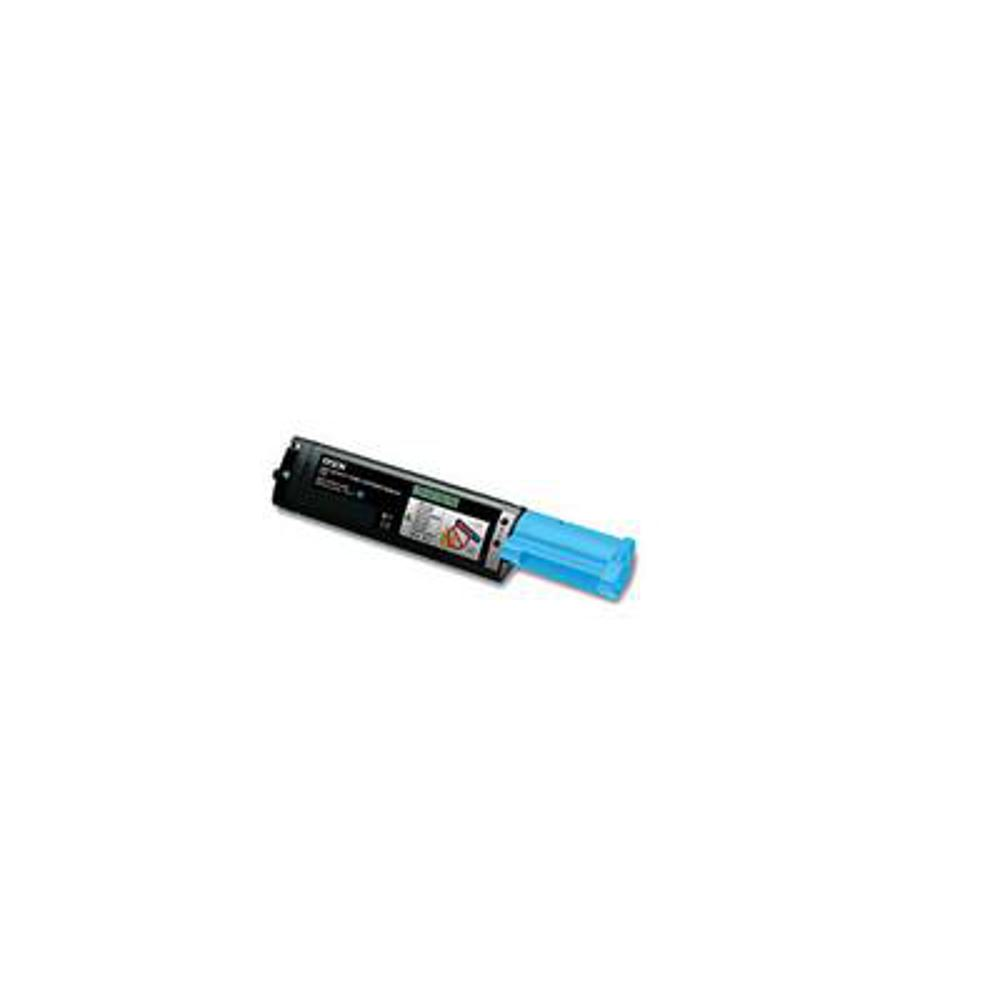 Una cartuccia di toner per stampante nera e blu è posizionata diagonalmente su uno sfondo bianco. La parte blu è a destra.