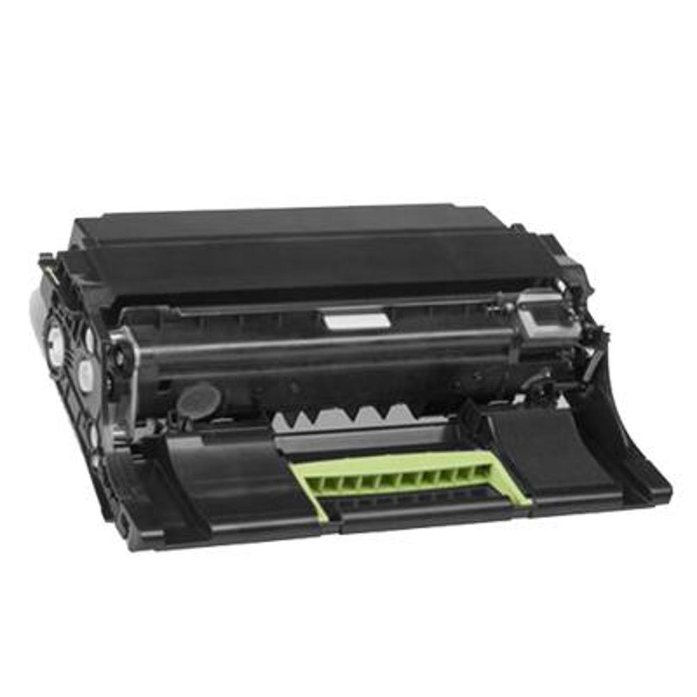 Una cartuccia toner nera con una griglia verde. Si trova su uno sfondo bianco.