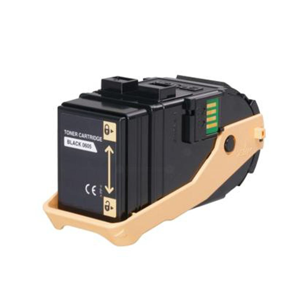Una cartuccia toner nera con l'etichetta 'Black 0605' si trova in un supporto beige su sfondo bianco.