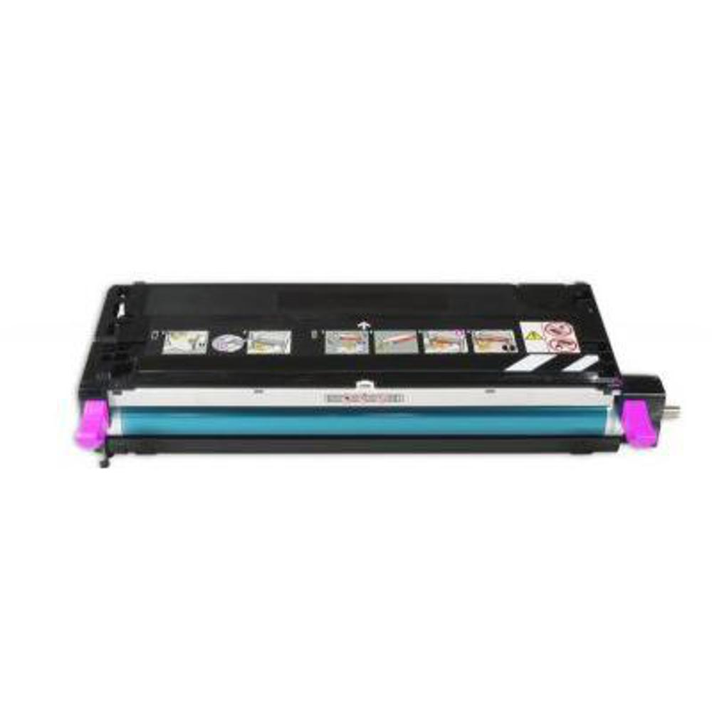 Una cartuccia toner per stampante. È nera con un rullo ciano e maniglie rosa su ciascuna estremità. Lo sfondo è bianco.