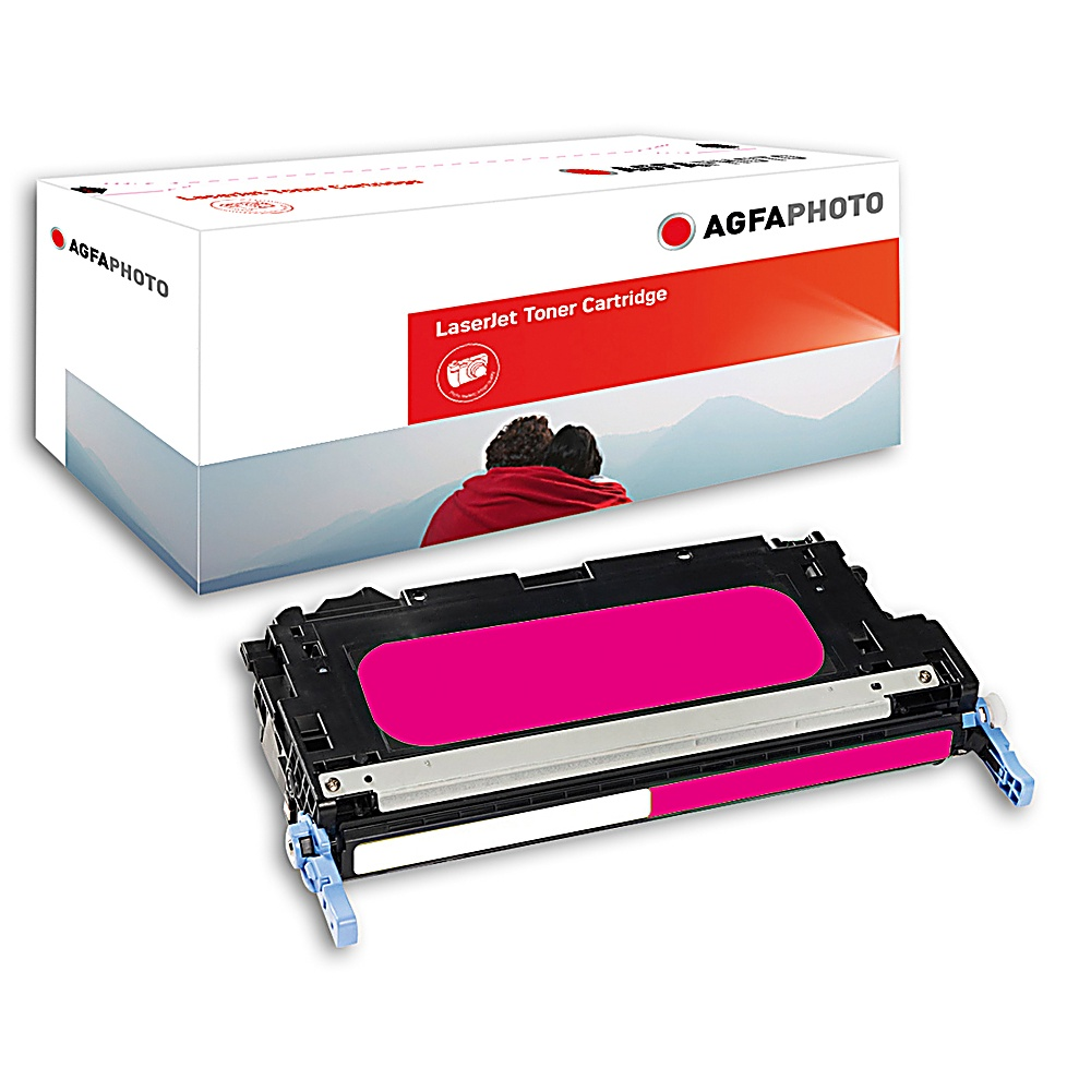 Una cartuccia toner laser magenta e una scatola bianca con il logo AGFA PHOTO. La scatola ha una striscia rossa e l'immagine di persone.