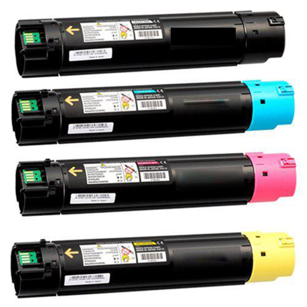 Quattro cartucce toner nere con estremità di colori diversi: nero, ciano, magenta e giallo. Ognuna ha un simbolo a freccia.