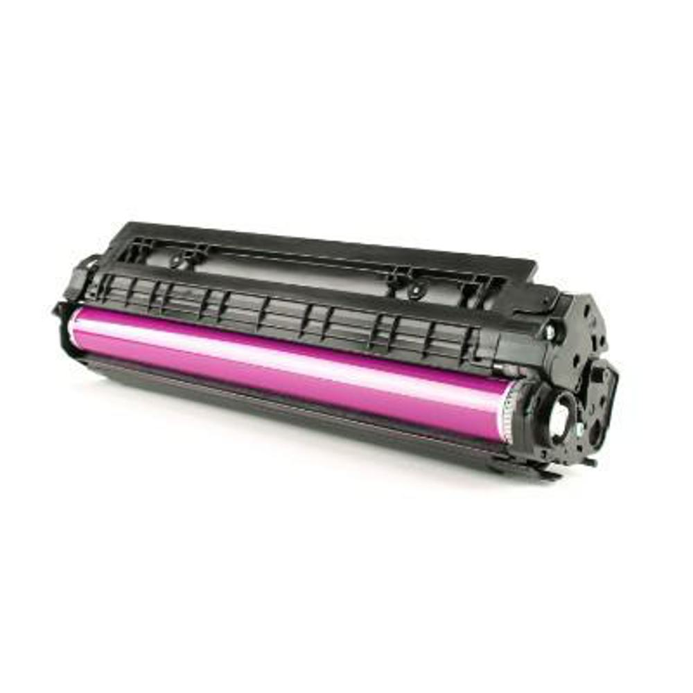 Una cartuccia toner per stampante. È nera con un tamburo rosa all'interno. Lo sfondo è bianco.