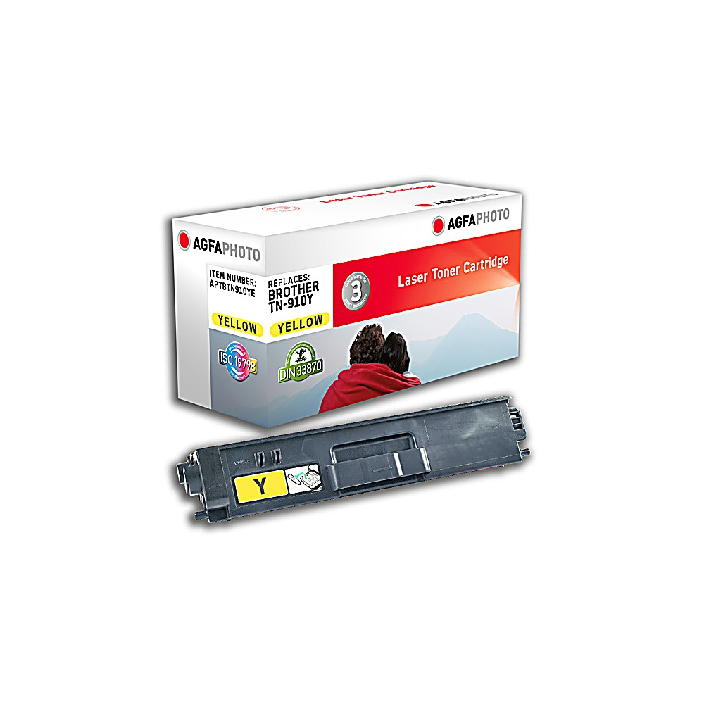 Una scatola e una cartuccia di toner AgfaPhoto sono visualizzate. La scatola è bianca con dettagli rossi. La cartuccia è nera con giallo.