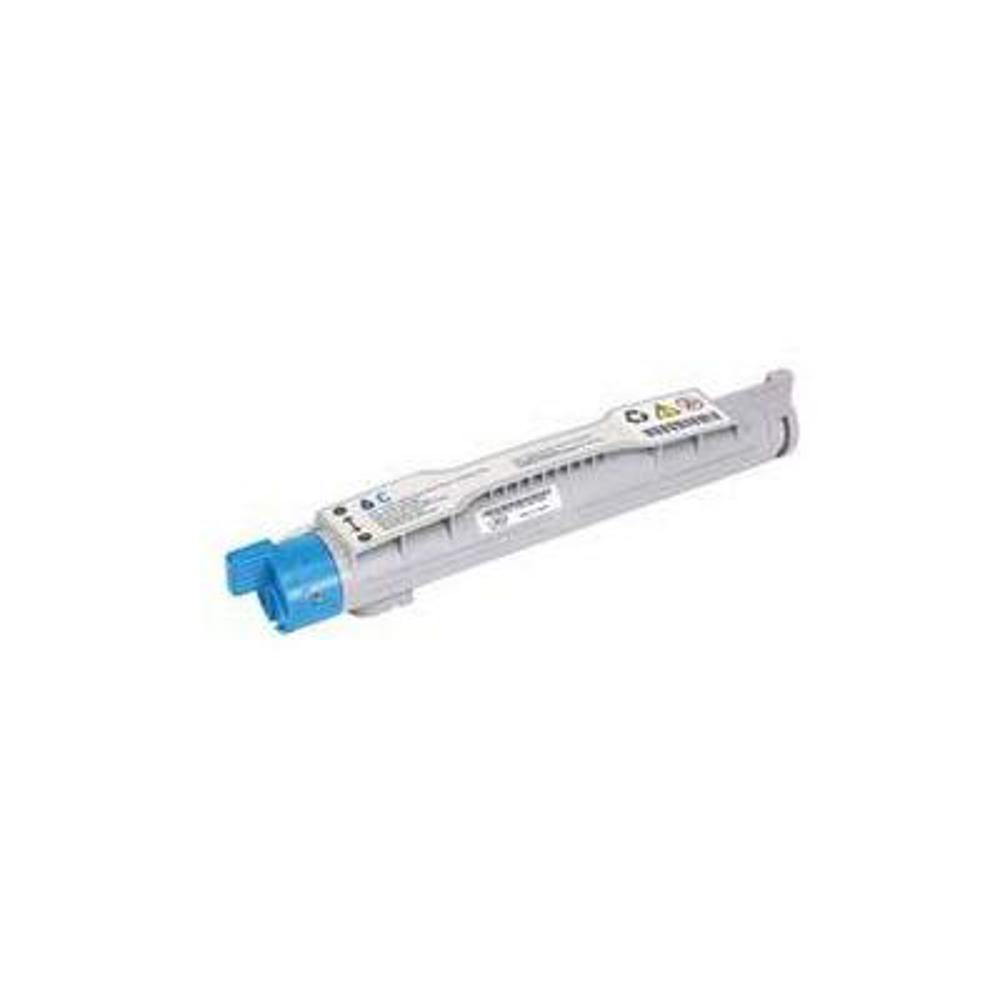 Una cartuccia toner grigia e blu su sfondo bianco. La cartuccia è angolata e ha delle etichette.
