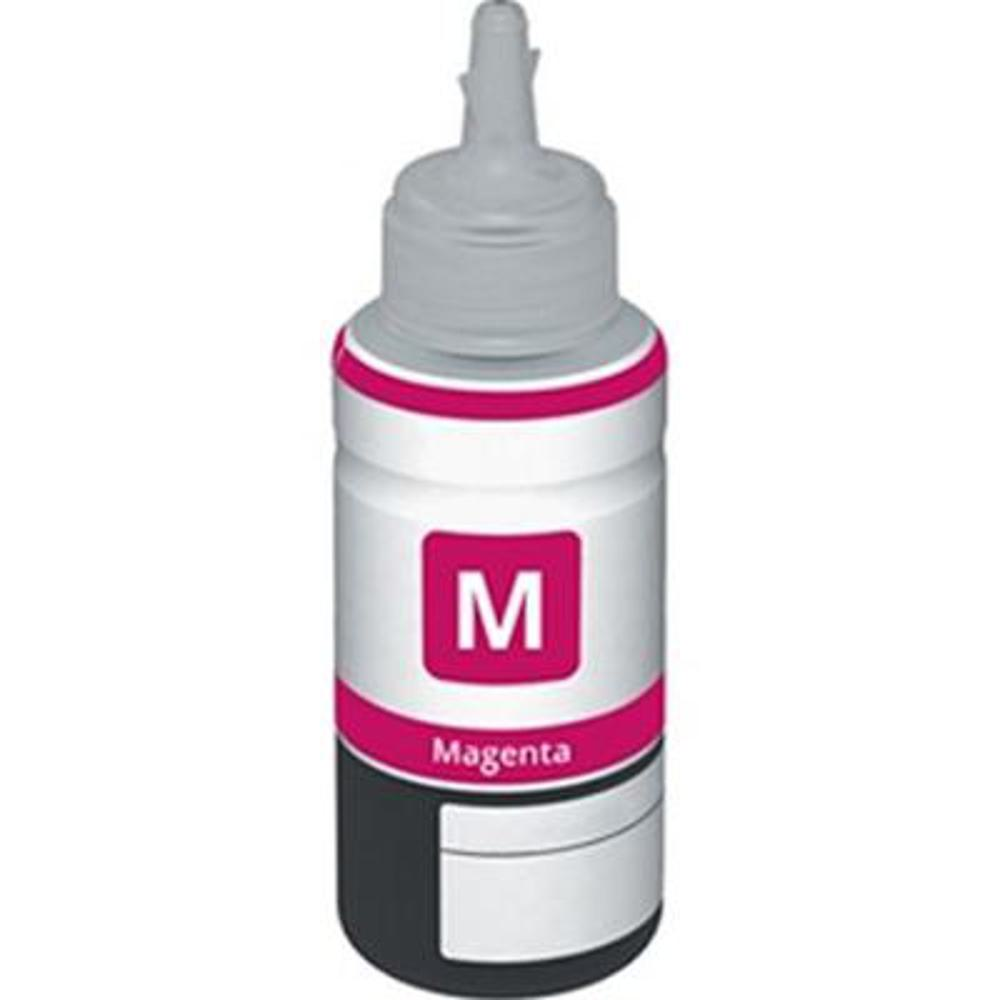 Una bottiglia di inchiostro magenta. Ha un corpo bianco, un tappo grigio e una fascia rosa. L'etichetta dice 'M' e 'Magenta'.