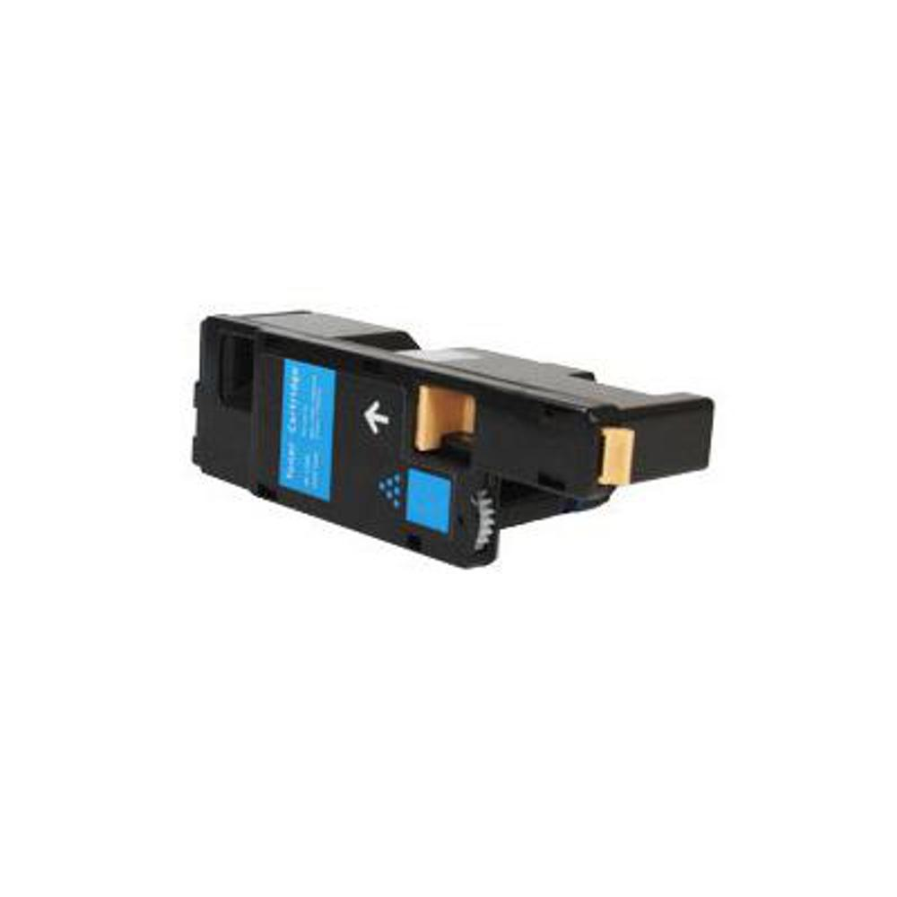 Cartuccia toner nera e blu su sfondo bianco. Include un'etichetta blu e un ingranaggio.