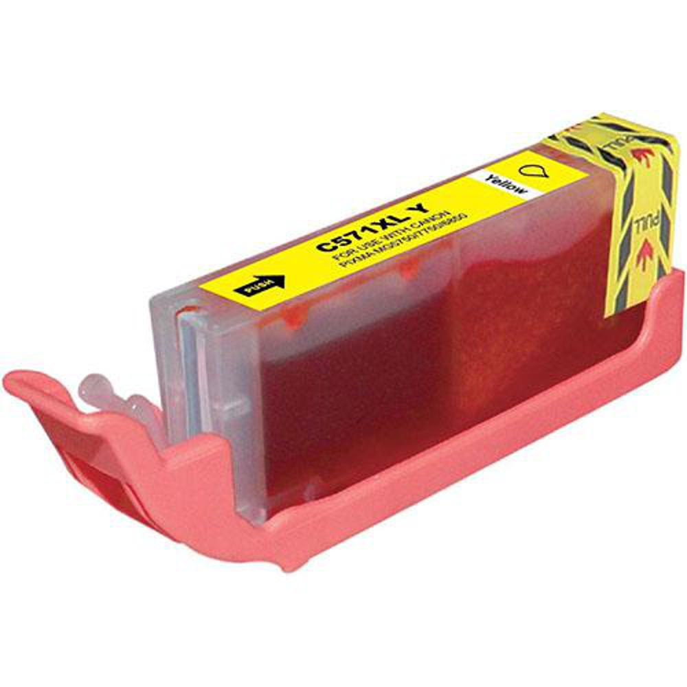 Una cartuccia d'inchiostro Canon gialla e rossa, C571XL-Y, in un supporto rosa. Ha una linguetta 'Tira' e una freccia 'Spingi'.