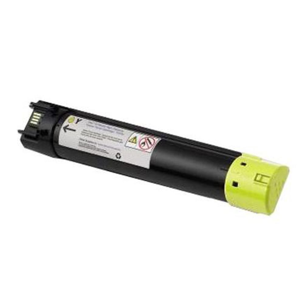 Una cartuccia toner nera e gialla. La cartuccia è cilindrica con un tappo terminale giallo e un'etichetta bianca.