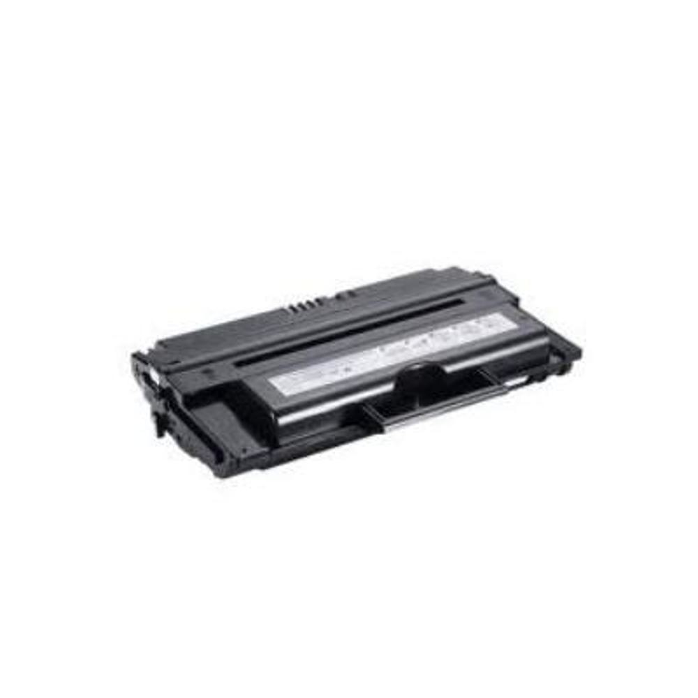 Una cartuccia di toner nera per stampante su sfondo bianco. Ha una maniglia e un'etichetta.
