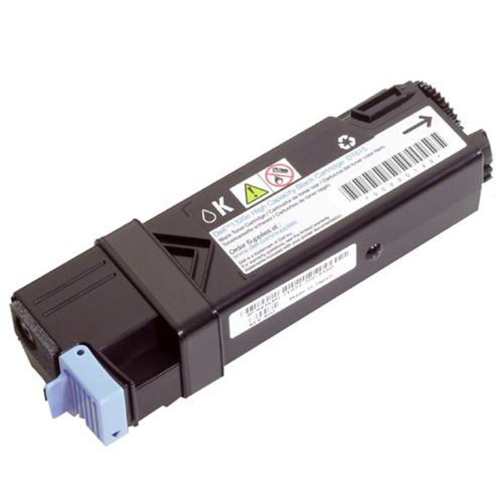 Cartuccia toner nera Dell su superficie bianca. La cartuccia ha una leva blu. Etichette con testo e codice a barre visibili.