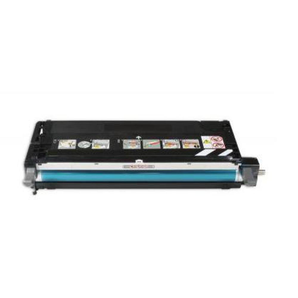 Una cartuccia toner per stampante nera e ciano. Ha varie icone sopra. Uno sfondo bianco.