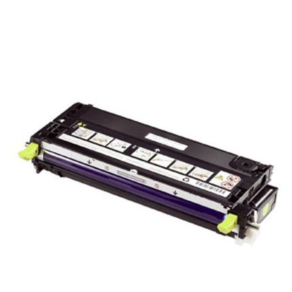 Una cartuccia di toner per stampante nera e gialla. Ha etichette bianche con simboli e testo e parti in plastica verdi e gialle.
