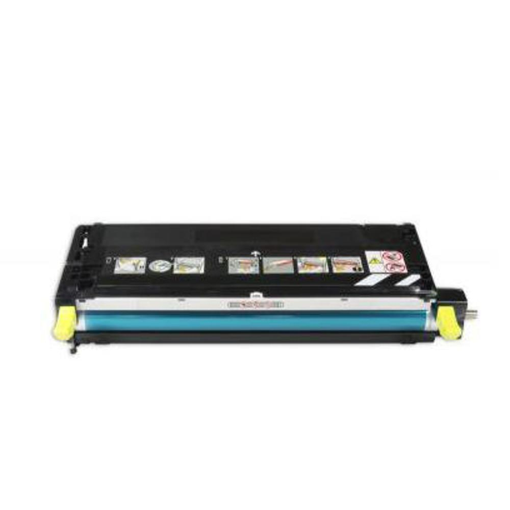 Una cartuccia toner per stampante. È nera con un rullo blu e dettagli gialli. Sulla parte superiore sono visibili varie etichette.