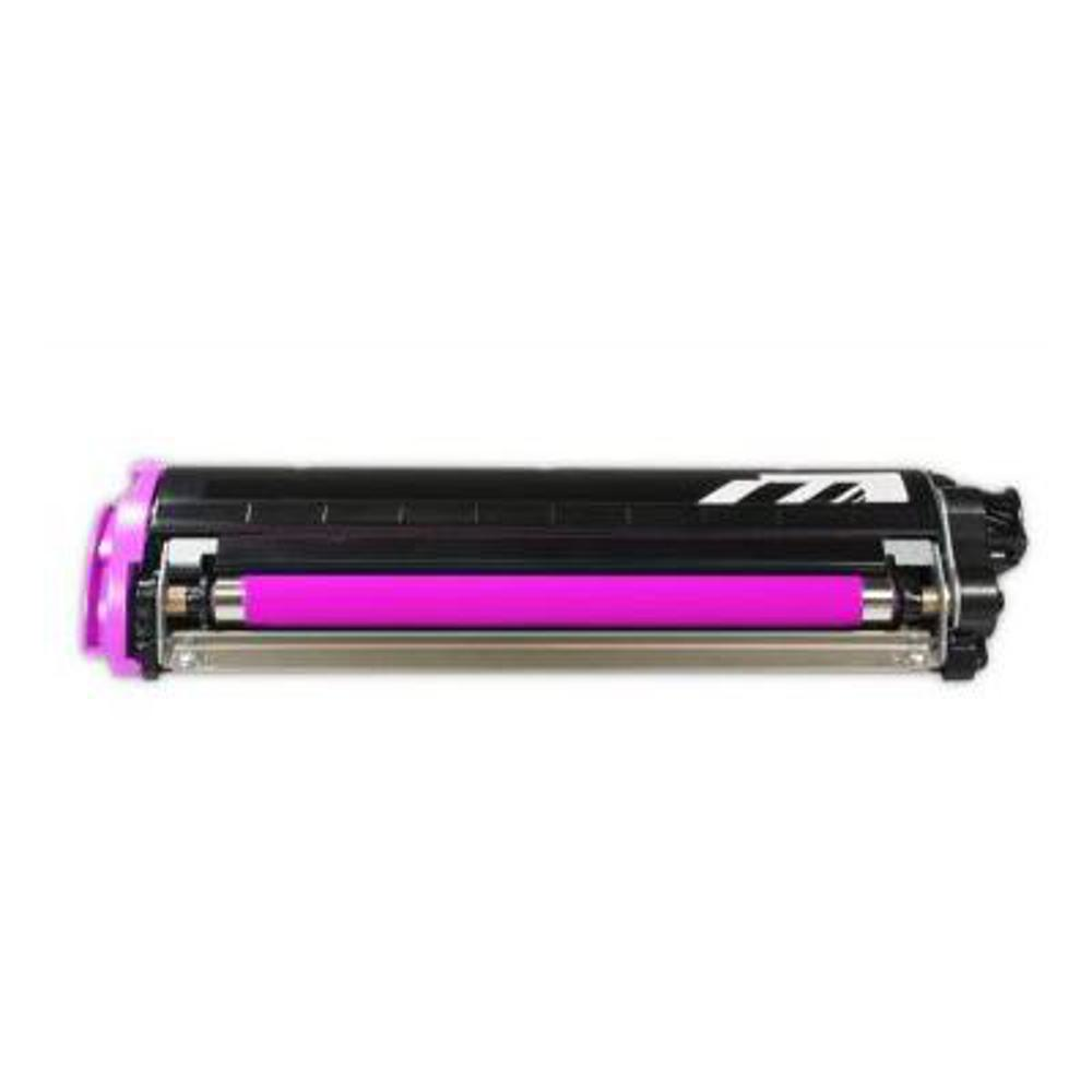 Una cartuccia di toner nera con un rullo rosa brillante all'interno. La cartuccia ha un logo bianco e accenti viola.