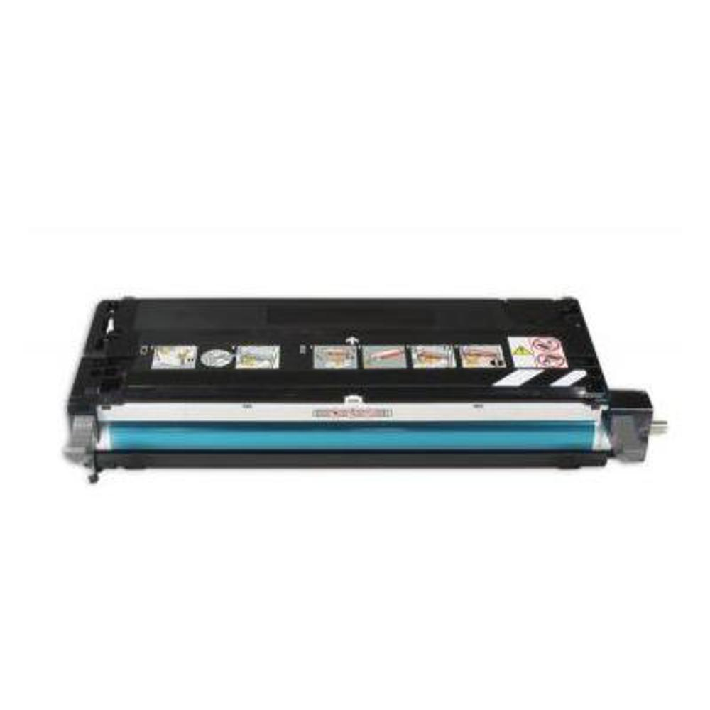 Una cartuccia toner per stampante. È nera sopra e ha un cilindro blu. Lo sfondo è bianco.
