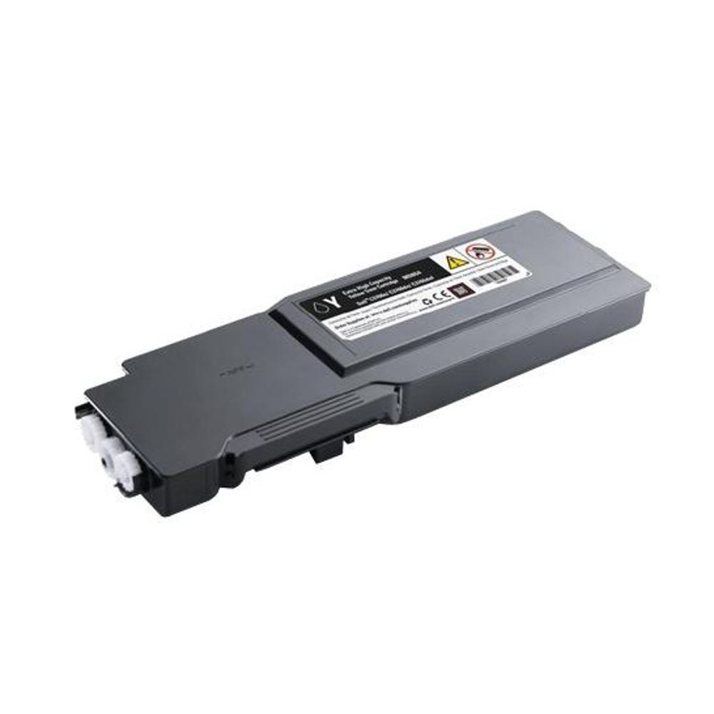 Una cartuccia toner grigia per stampante è isolata su sfondo bianco. Ha un'etichetta e ugelli di plastica bianca.