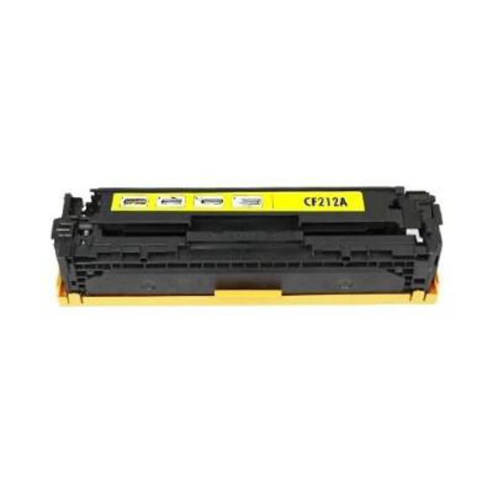 Una cartuccia toner gialla e nera, modello CF212A, su sfondo bianco.