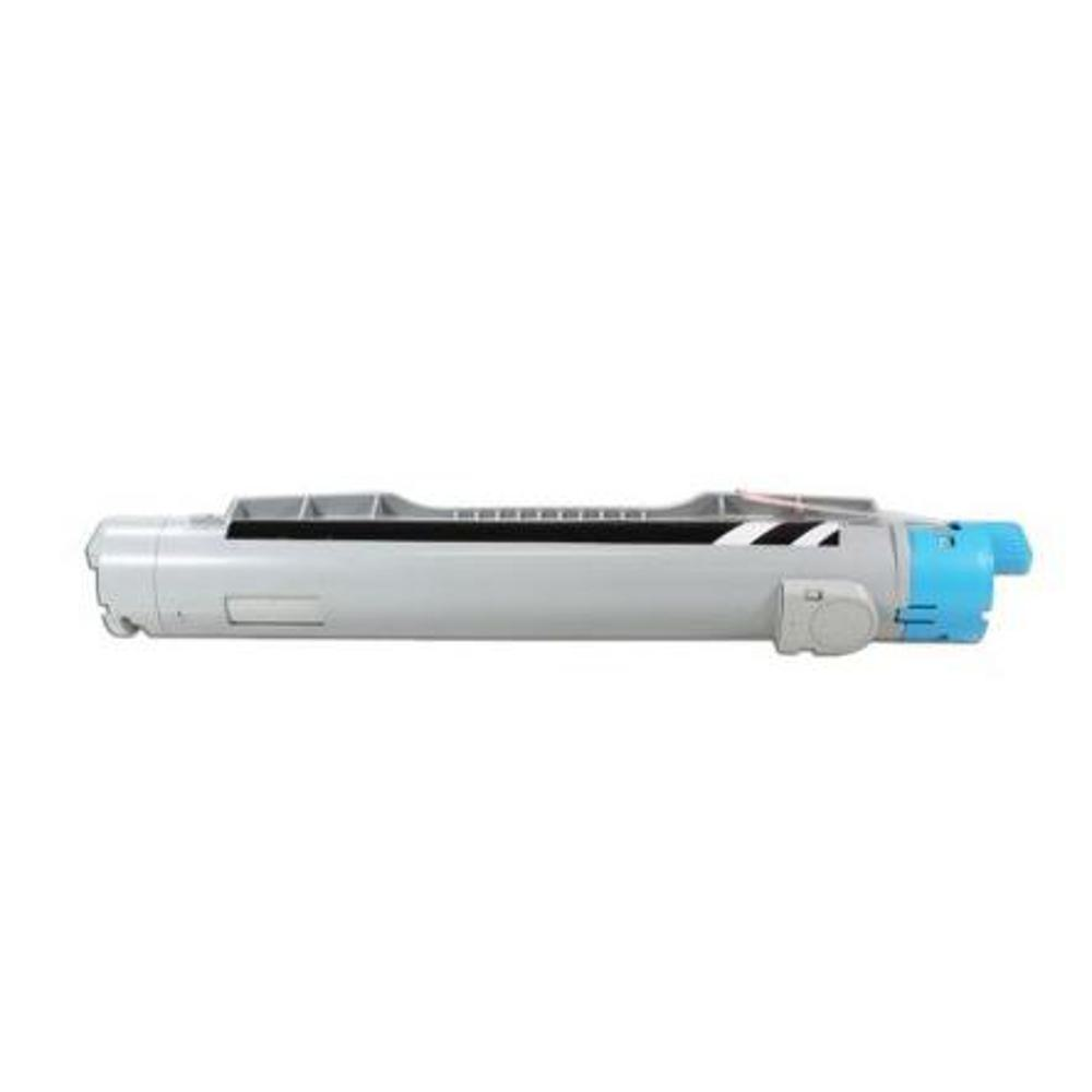 Una cartuccia toner per stampante grigia e blu è visualizzata orizzontalmente. Ha una parte superiore nera e un'estremità blu.