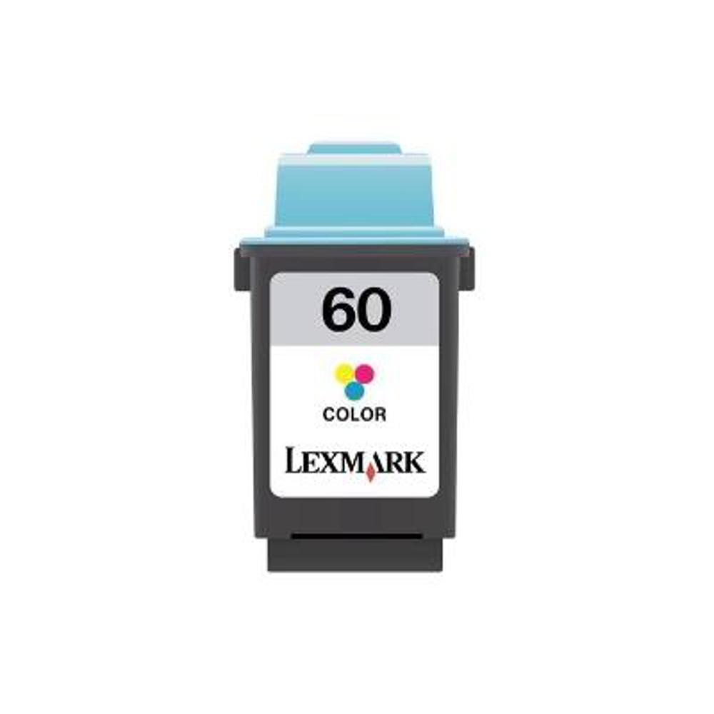Una cartuccia d'inchiostro a colori Lexmark 60. Ha una parte superiore blu e un'etichetta bianca con '60', 'COLOR' e il logo Lexmark.