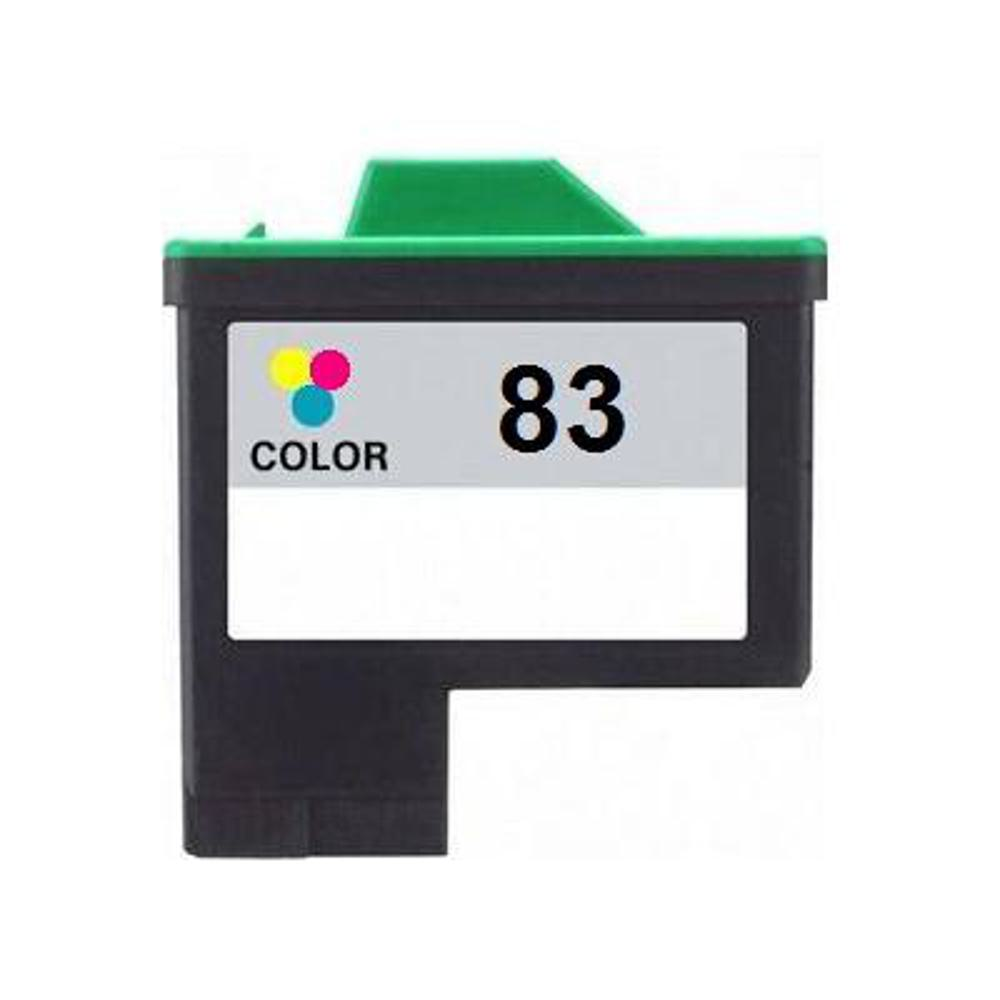 Una cartuccia d'inchiostro con parte superiore verde, corpo nero ed etichetta con il numero 83 e la parola COLOR, con i colori giallo, rosa e blu.