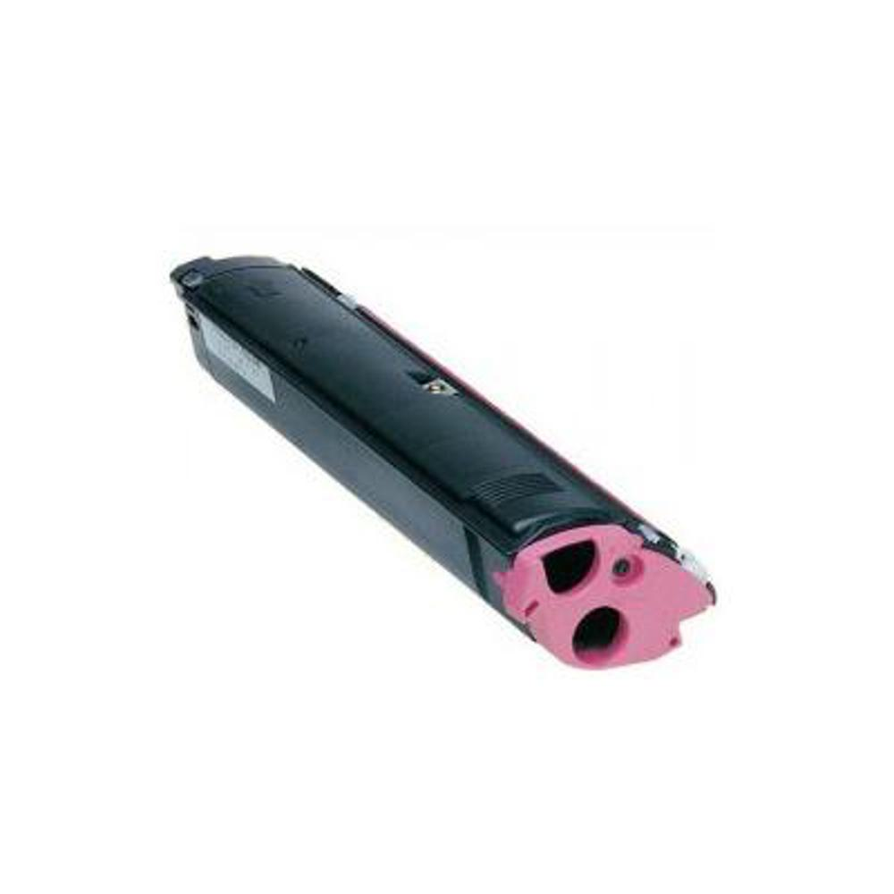 Una cartuccia di toner nera e rosa. La cartuccia è angolata con un'estremità rosa. Lo sfondo è bianco.