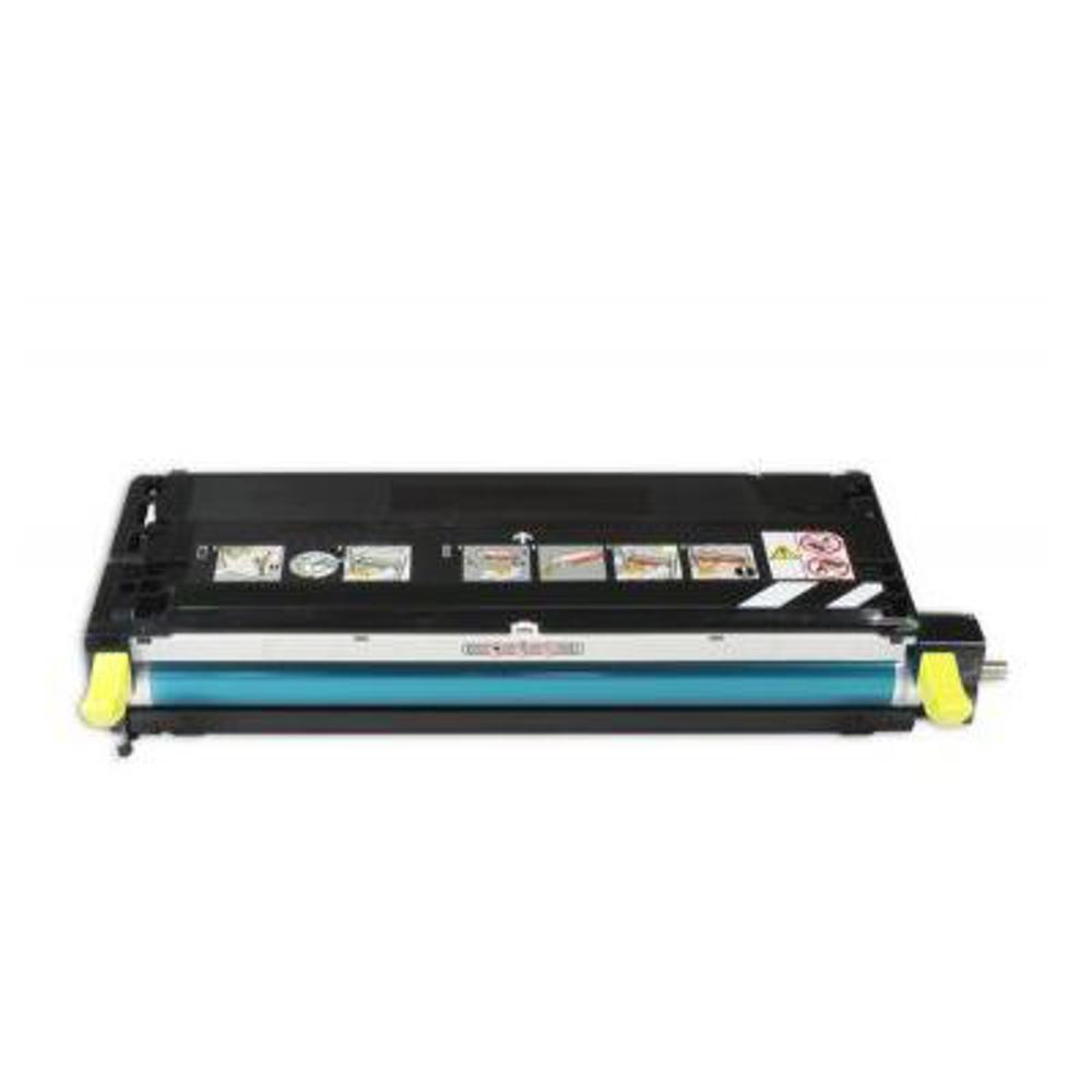 Una cartuccia toner per stampante. È prevalentemente nera con una sezione centrale azzurra, linguette gialle e varie etichette.