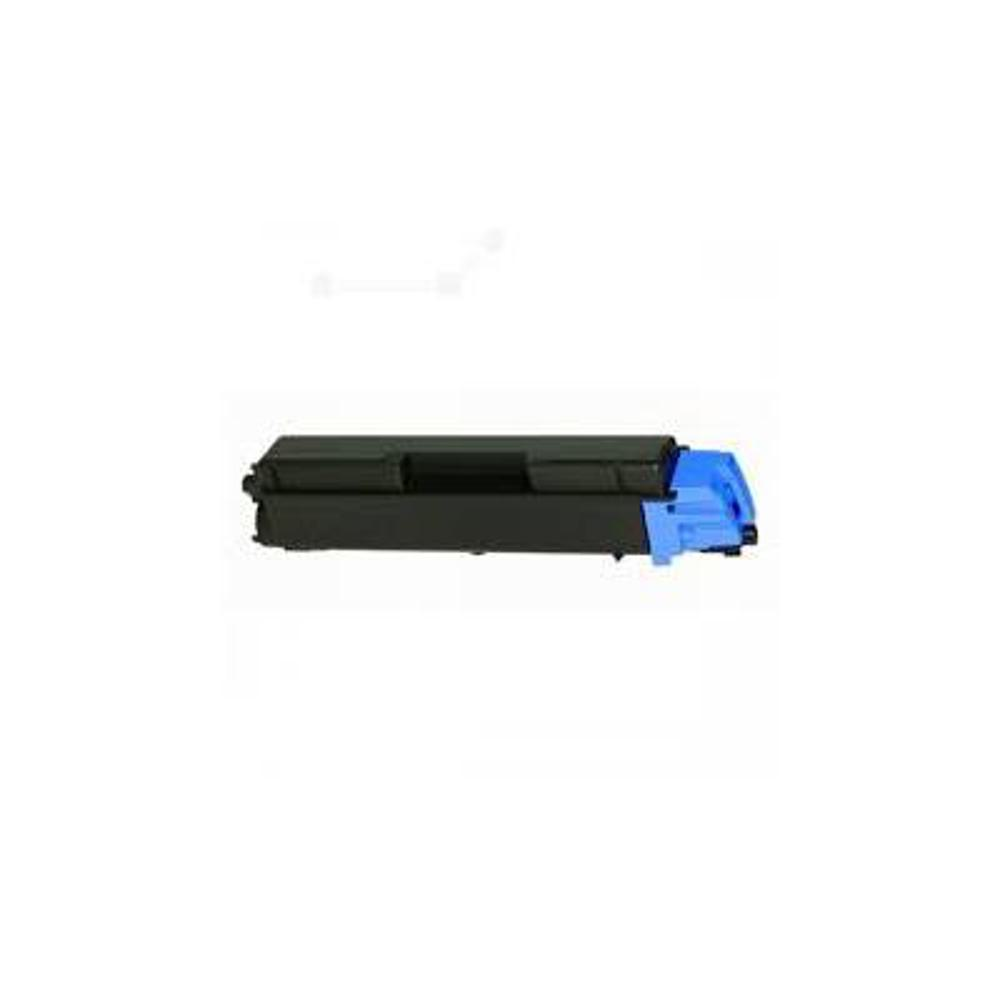 Una cartuccia di toner per stampante nera con maniglia blu. Lo sfondo è bianco.