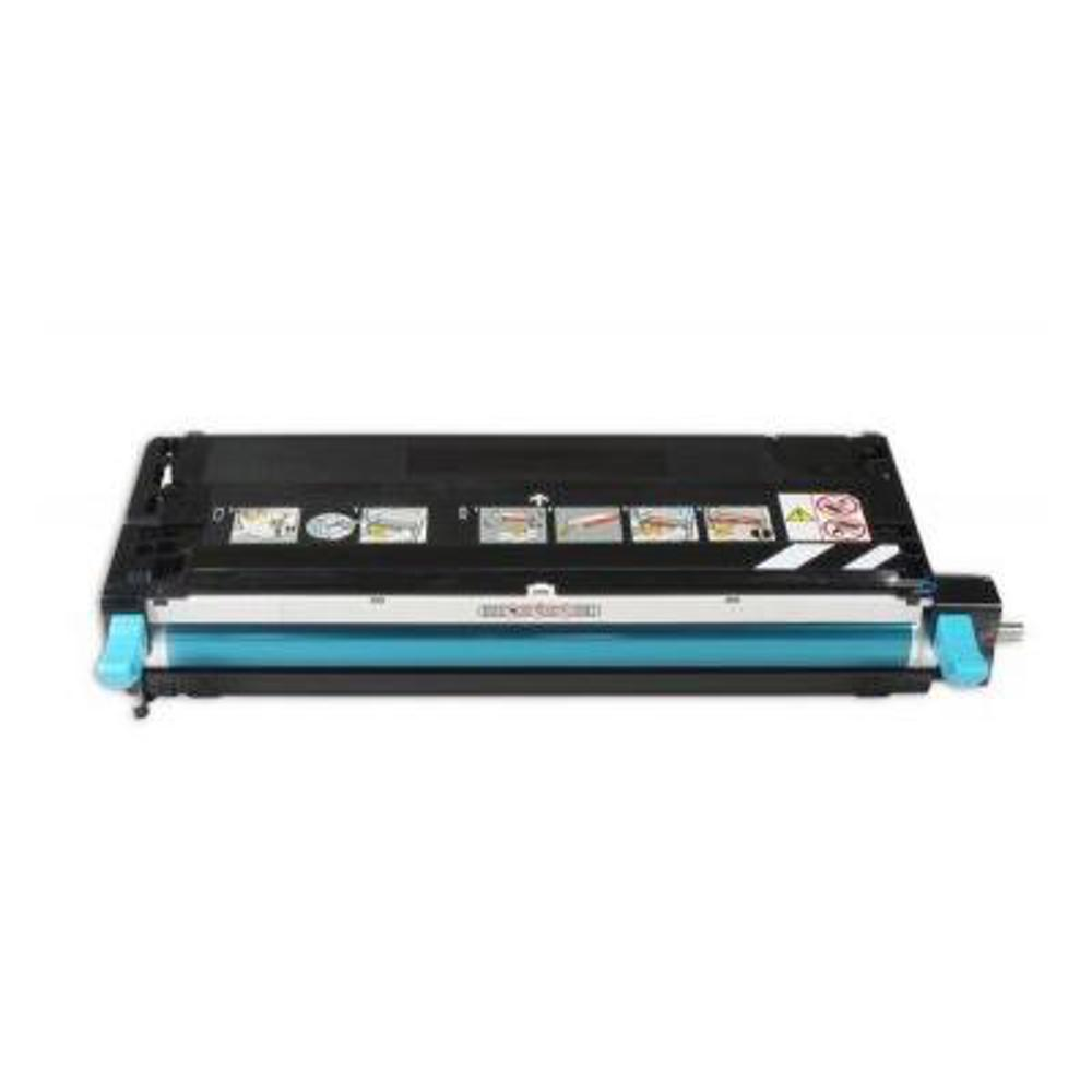 Una cartuccia toner per stampante. È nera con un cilindro blu e maniglie azzurre sui lati, su sfondo bianco.
