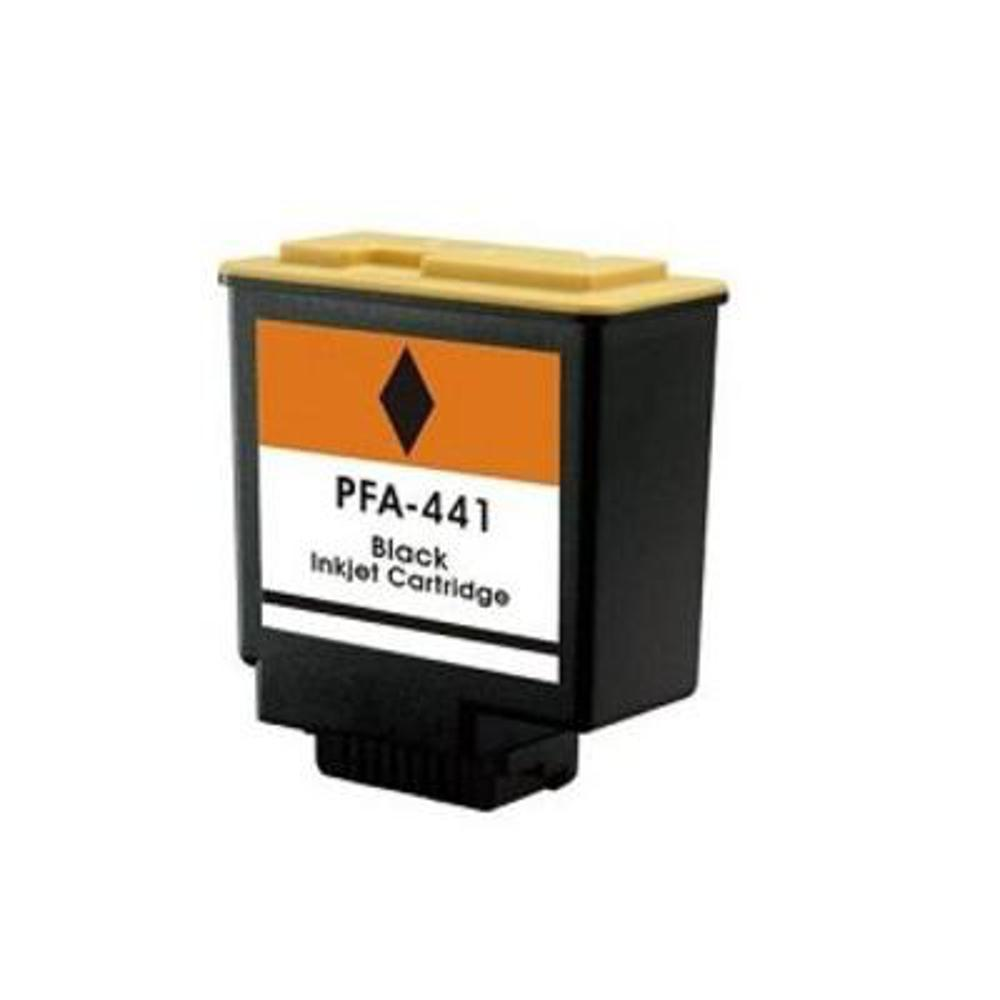 Una cartuccia a getto d'inchiostro nera con un'etichetta arancione. L'etichetta dice PFA-441 Black Inkjet Cartridge.