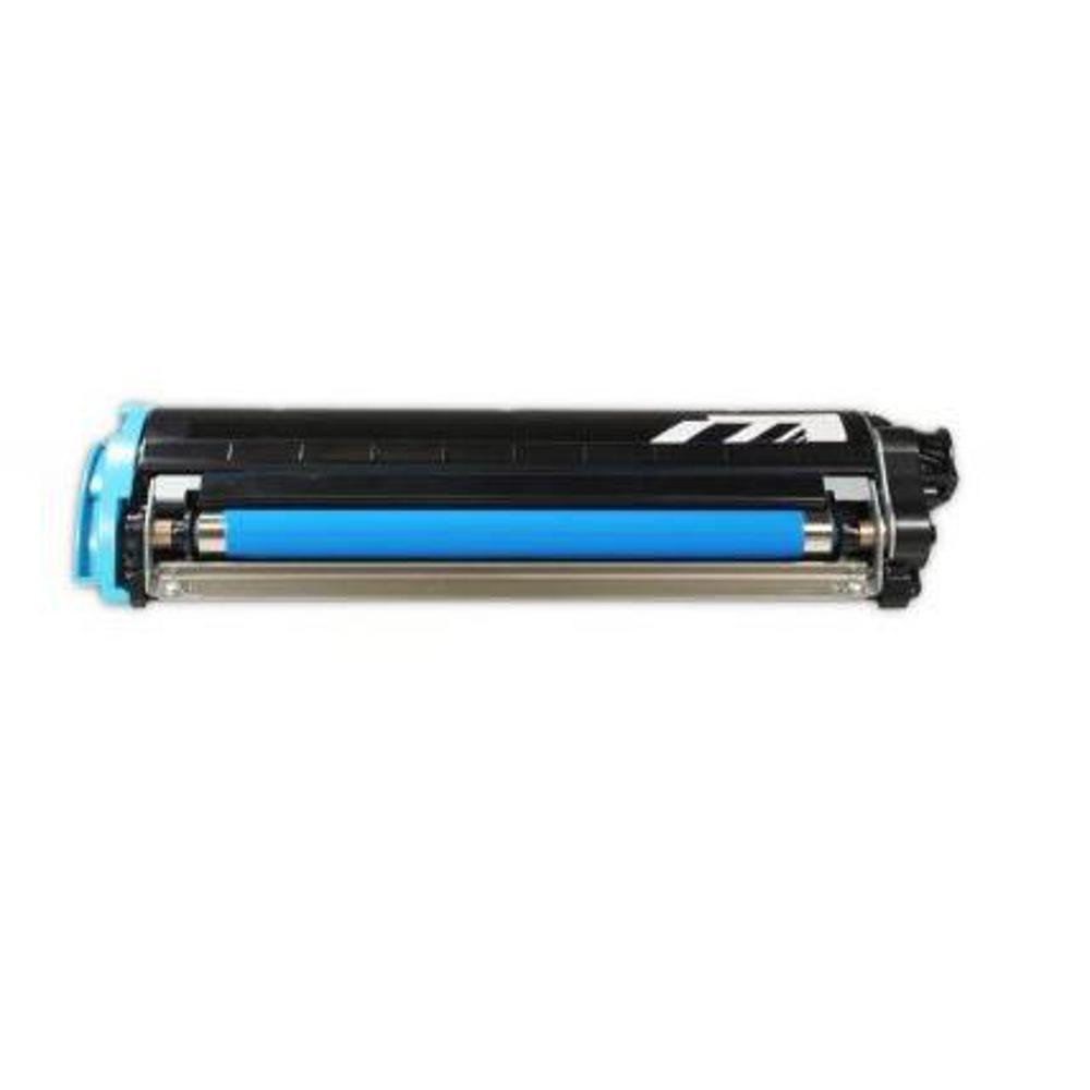 Una cartuccia toner per stampante nera e blu, con un rullo azzurro all'interno. La cartuccia è su sfondo bianco.
