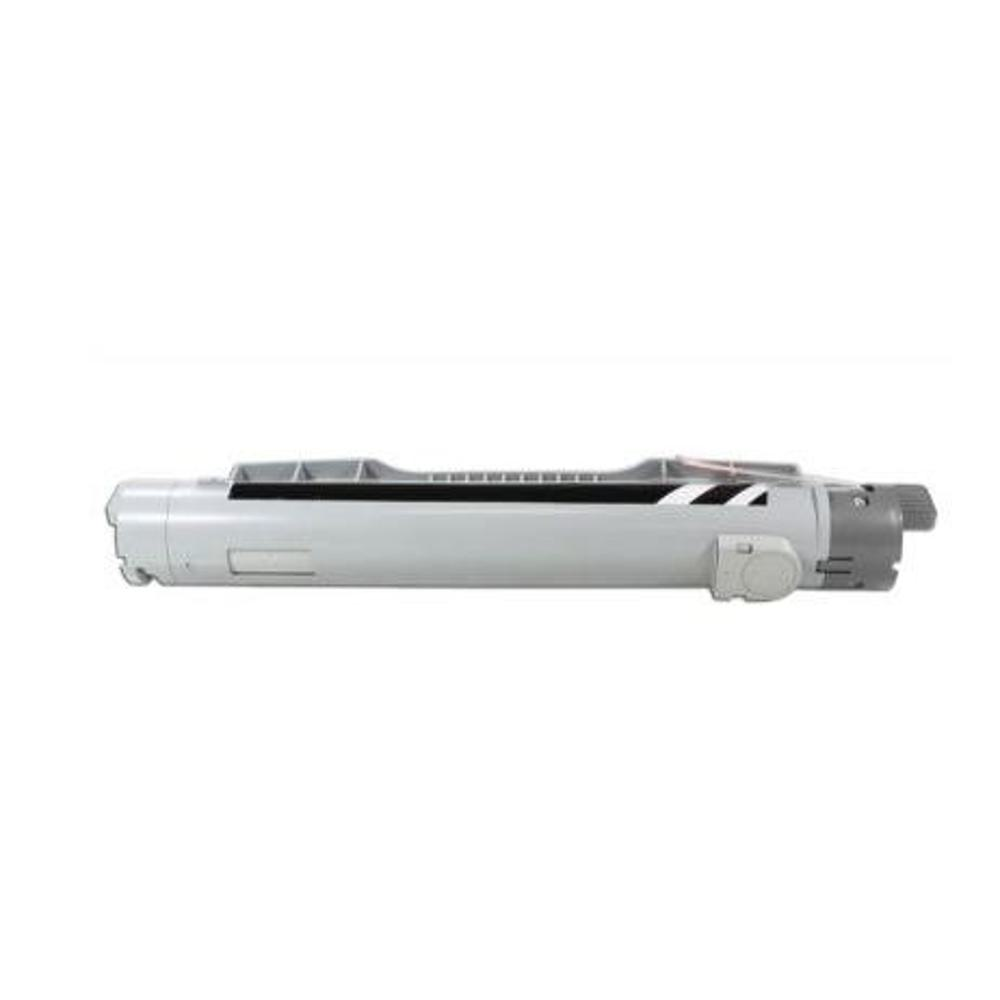 Una cartuccia toner grigia per stampante è visualizzata orizzontalmente su uno sfondo bianco. Ha una parte superiore nera e un tappo terminale grigio.