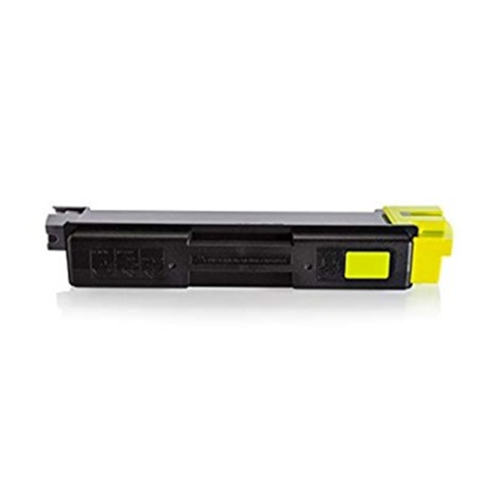 Una cartuccia toner per stampante, nera con accenti gialli. È visibile un pulsante giallo. Sfondo bianco.
