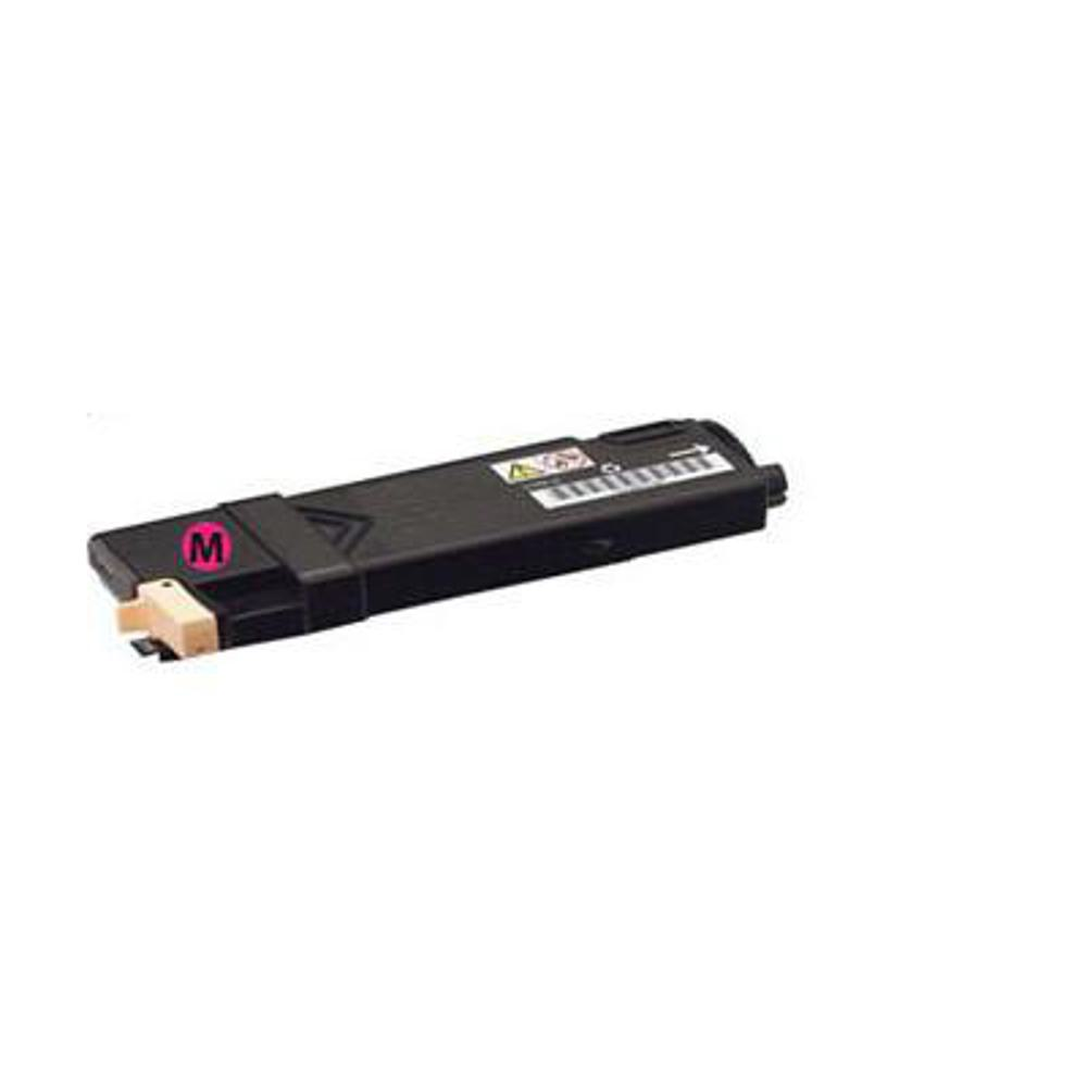 Una cartuccia di toner nera con un'etichetta 'M' rosa e una parte in plastica beige, su sfondo bianco.