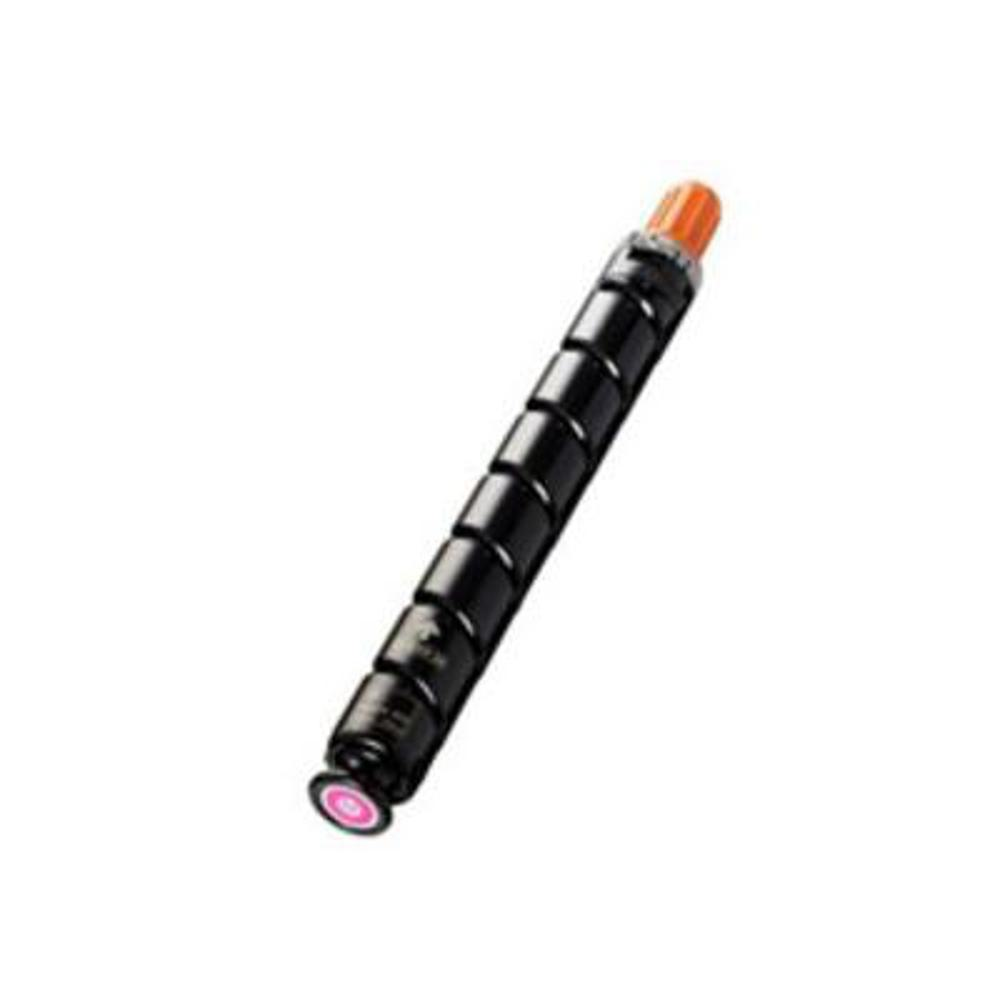 Una cartuccia toner cilindrica nera con punta arancione e cerchio rosa sul fondo, isolata su sfondo bianco.