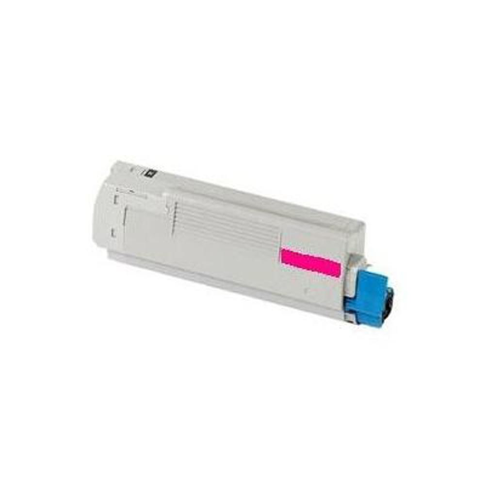 Una cartuccia di toner per stampante bianca e grigia con una striscia rosa e un connettore blu su sfondo bianco.