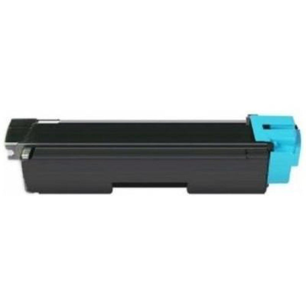 Una cartuccia di toner per stampante nera e blu. È rettangolare con un corpo nero e un'estremità blu. Lo sfondo è bianco.