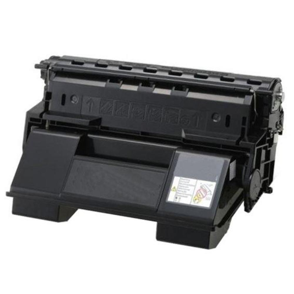 Una cartuccia toner nera, usata in una stampante. Ha una forma complessa con più scomparti e un'etichetta.